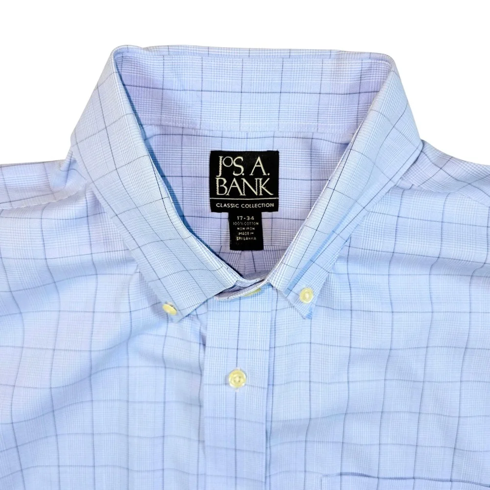 Jos. A. Bank Mens 17-34 Light Blue Windowpane Non-Iron Cotton Dress Shirt